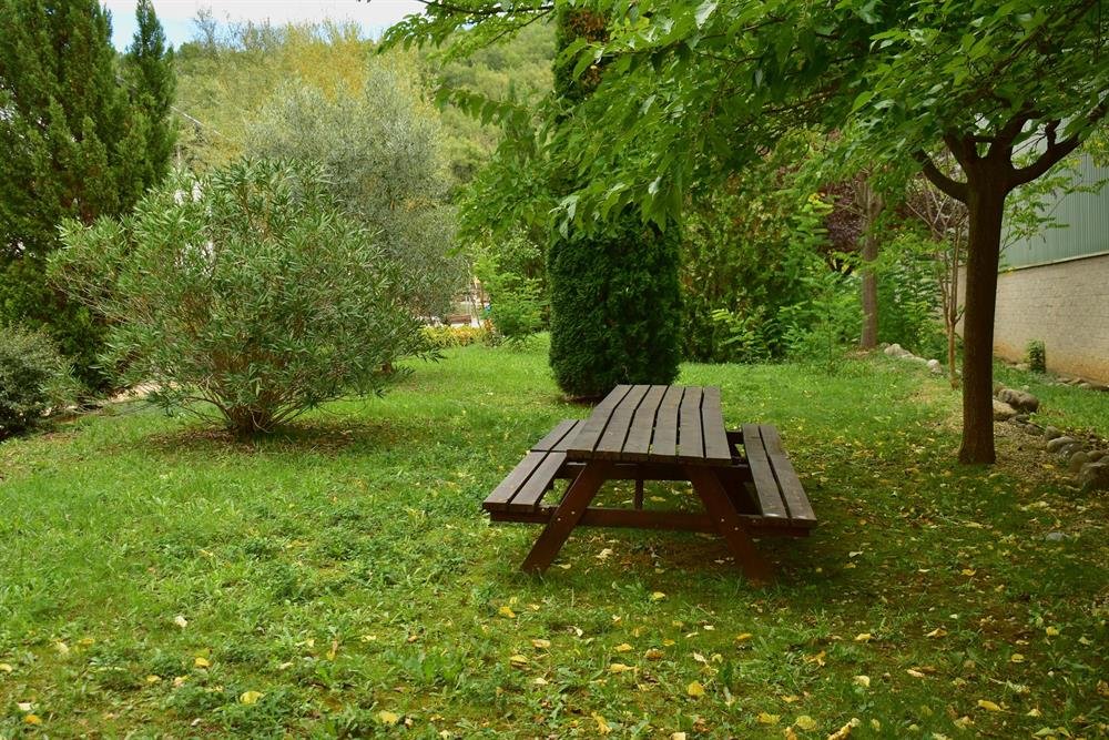 Mesa de merendero bajo un árbol en el parque exterior