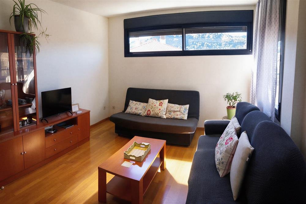Salón con sofás, mueble con televisión y ventana a las montañas